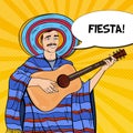 Pop Art Smiling Mariachi in Poncho and Sombrero with Guitar Royalty Free Stock Photo