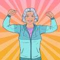 Pop Art Smiling Senior Mature Woman Showing Muscles. Healthy Lifestyle. Happy Strong Grandmother