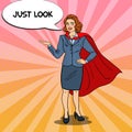 Pop Art Smiling Super Business Woman in Red Cape Royalty Free Stock Photo