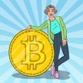 Pop Art Smiling Woman with Big Bitcoin. Cryptocurrency Concept