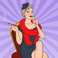 Pop Art Smoking Woman with Glass of Champagne. Femme fatale. Retro illustration Royalty Free Stock Photo