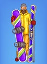 pop art snowboarder - cartoon bearded man in snowboarding suit, glasses, helmet, holding snowboard, skiing.