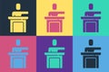 Pop art Speaker icon isolated on color background. Orator speaking from tribune. Public speech. Person on podium. Vector