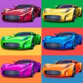 Pop art sports cars. Six colors : red, yellow, green, blue, purple and orange. Royalty Free Stock Photo