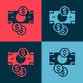 Pop art Stacks paper money cash and coin money with dollar symbol icon isolated on color background. Money banknotes Royalty Free Stock Photo