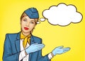 Pop art stewardess in blue uniform Royalty Free Stock Photo