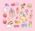 Pop art stickers comic style with cartoon animals, unicorn, kitten, dreamcatcher, guitar and rainbow