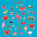 Set of vector stickers in pop art style. Collection of patches in vintage style