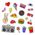 Pop art stickers with tape recorder, cassette, vinyl record, fast food, hand, lips and other elements. Royalty Free Stock Photo