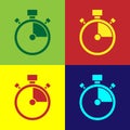 Pop art Stopwatch icon isolated on color background. Time timer sign. Chronometer sign. Vector