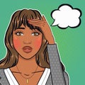 Pop art stressed african american businesswoman holding her head with her hand with thinking bubble, vector illustration in retro Royalty Free Stock Photo