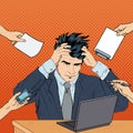 Pop Art Stressed Businessman with Laptop Grabbed His Head at Multi Tasking Work