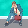 Pop Art Stressed Businessman Sitting on the Floor. Tired Disappointed Man. Despair Office Worker