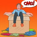 Pop Art Stressed Man in the Box with Clothes. Guy Moving to new House