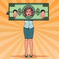 Pop Art Stressed Woman Prisoner of Money. Tired Business Woman in Dollar Shackles Royalty Free Stock Photo