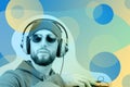 Pop art style collage. Funky bearded hipster DJ in headphone and sunglasses. Listening streaming music in smartphone