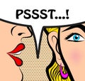 Pop Art style comic book panel gossip girl whispering in ear sec