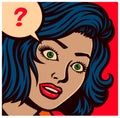 Pop art style comics panel perplexed or confused woman and speech bubble with question mark vector illustration