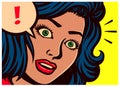 Pop art style comics panel with surprised woman and speech bubble with exclamation mark vector illustration