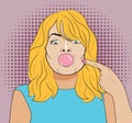 Pop Art style illustration of a playful blond woman in a blue blouse