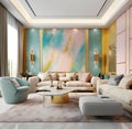 Pop art style interior design of modern living room with two beige sofas. Created with generative AI Royalty Free Stock Photo