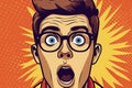 Pop art style Portrait of man in glasses says wow with open mouth to see something unexpected. Shocked guy with surprised Royalty Free Stock Photo