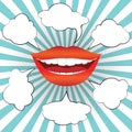 Pop art style smiling woman mouth with speech bubbles Royalty Free Stock Photo