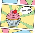 Pop art style sweet delicious cupcake illustration with icing, cream and cherry. For poster, web, print.