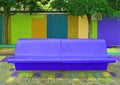 Vivid cobalt blue empty concrete bench with multi-color wooden wall in background