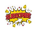 Pop art Subscribe Logo. Comic explosion with bells, stars and arrow cursor in cartoon style Royalty Free Stock Photo
