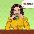 Pop Art Successful Beautiful Woman Eating Money Royalty Free Stock Photo