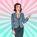 Pop Art Successful Business Woman Pointing on Copy Space. Business Presentation Royalty Free Stock Photo