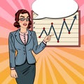 Pop Art Successful Business Woman Pointing on Growth Graph. Business Presentation Royalty Free Stock Photo