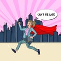 Pop Art Super Business Woman with Red Cape Running with Briefcase