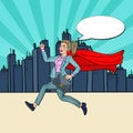 Pop Art Super Business Woman with Red Cape Running with Briefcase