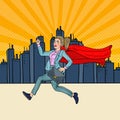 Pop Art Super Business Woman with Red Cape Running with Briefcase