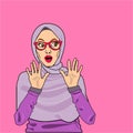 Pop art suprised moslem young woman with hijab and glasses comic style.