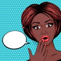 Pop Art Surprised African American woman with open mouth on dotted background. Retro Shocked Woman Face Vector Illustration
