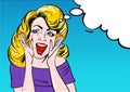 Pop art surprised blond girl face with open mouth. Wow comic woman with speech bubble vintage vector illustration. Royalty Free Stock Photo