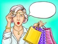 Pop art surprised old woman with shopping bags