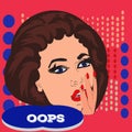 Pop art surprised pretty woman face with open mouth. Woman with speech bubble. Vector .