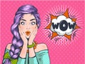 Wow Pop art surprised woman beautiful face with open mouth and bright violet hair on dotted background. Comic woman with Royalty Free Stock Photo