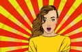 Pop art surprised woman face with open mouth. Comic woman with brown hair. Vector colorful background in pop art retro Royalty Free Stock Photo