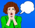 Pop art surprised woman face with open mouth. Comic woman with speech bubble. Vector illustration. Panic woman. Stress. Shocked. Royalty Free Stock Photo