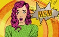 Pop art surprised woman face with open mouth. Comic woman with Wow speech bubble. Vector colorful background in pop art Royalty Free Stock Photo