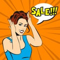 Pop art surprised woman face with smile and a sale speech bubble Royalty Free Stock Photo