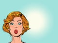 pop art surprised woman looks up. Attention gossip news universal blank background template