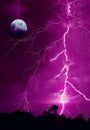 Pop Art Surreal Style of Lightning Strikes in Deep Purple Night Sky with a Spooky Full Moon