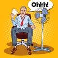 Pop Art Sweating Businessman in Front of Fan at Office Work. Summer Heat Royalty Free Stock Photo