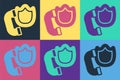 Pop art Telephone handset with security shield icon isolated on color background. Phone sign. Vector Royalty Free Stock Photo